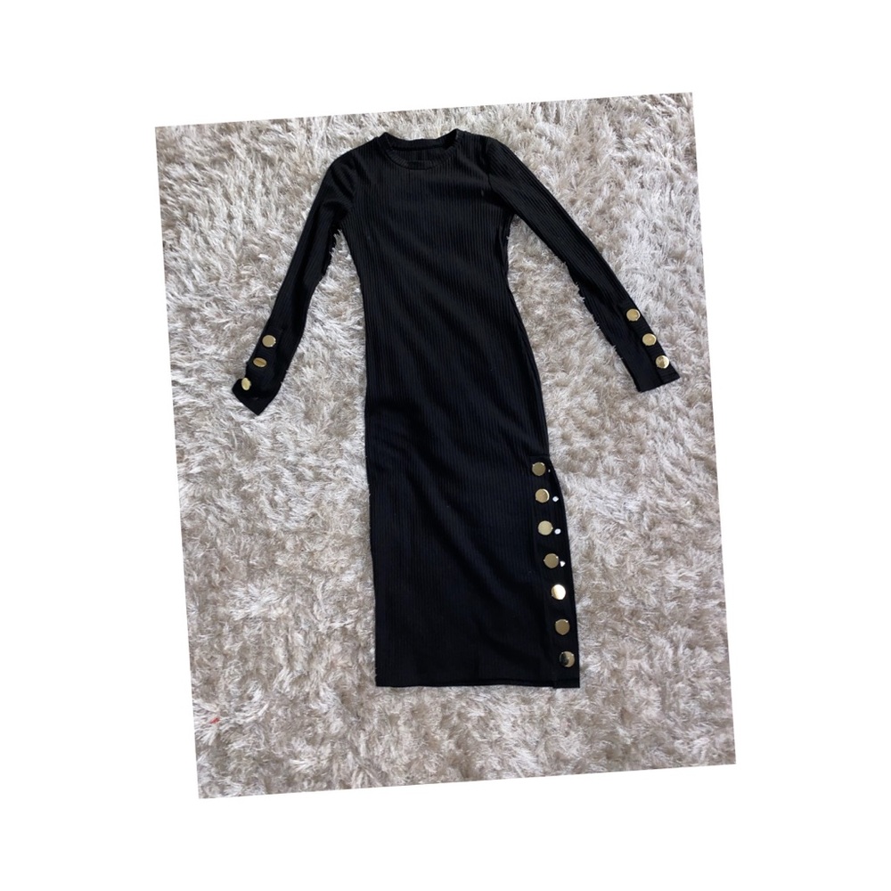 Black BodyCon Dress with Gold Button Details -Sz Small - Picture 2 of 2